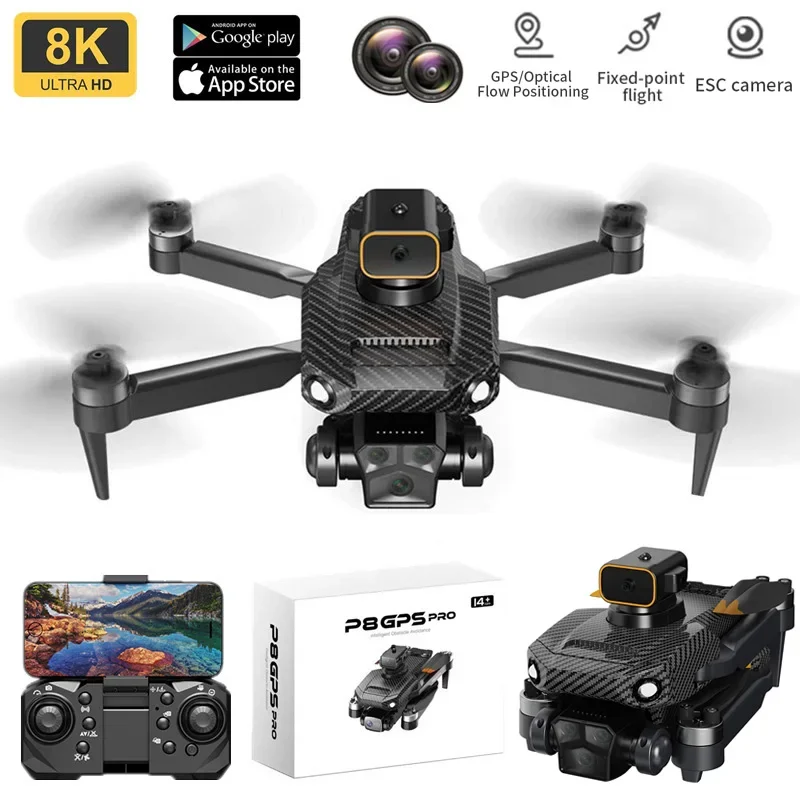 Câmera HD profissional RC Drone, Prevenção de Obstáculos, Fibra de Carbono, Quadcopter Dobrável, FPV Brushless, WiFi, UAV, P8 Pro, GPS, 8K, 5G