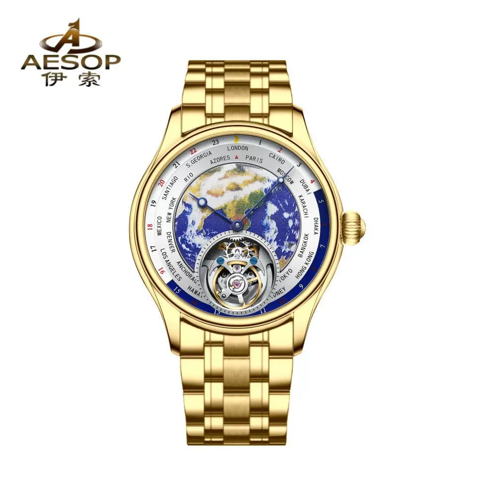 ساعة ايسوب 2025 الجديدة من أفضل العلامات التجارية لخريطة العالم الأرضية المضيئة المقاومة للماء توربيون ميكانيكية