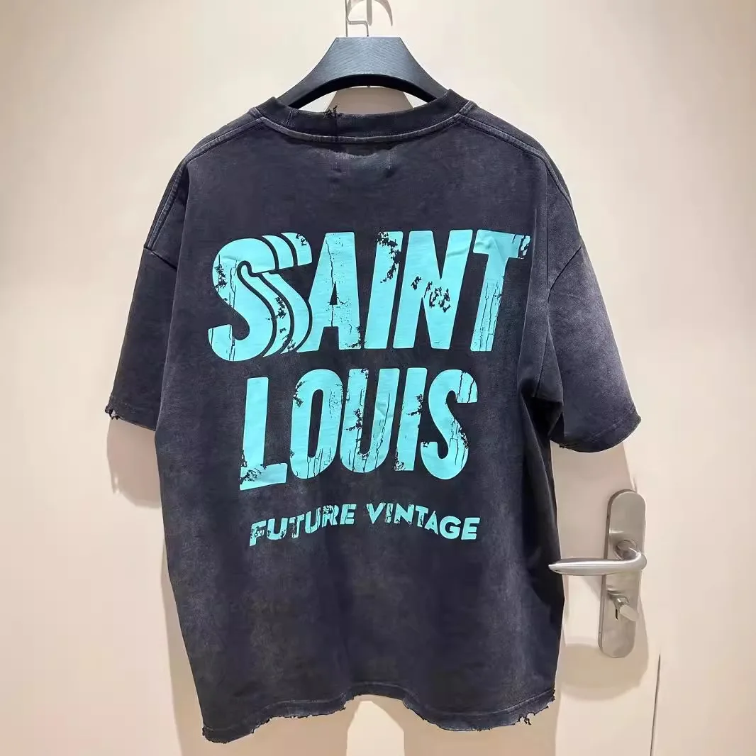 SSSAINT LOUIS Handmade distressed and dirty ink-blotted damaged logo short-sleeved T-shirt