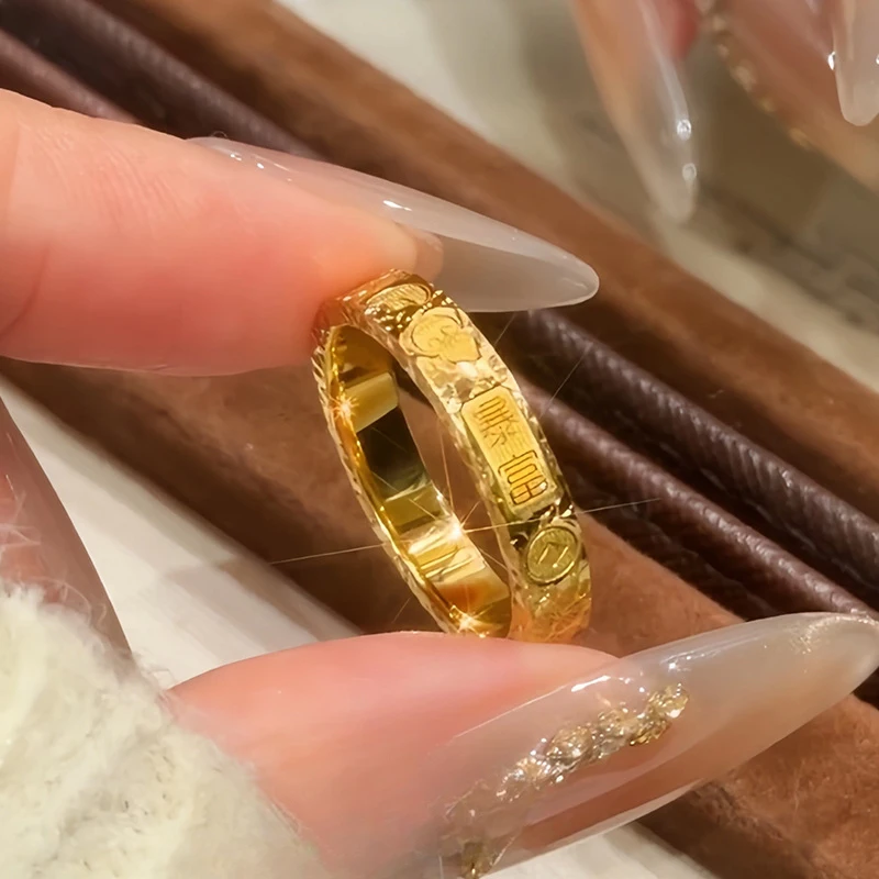 Luxury 100% Real 24K Gold Light Luxury Crushed Ice Fortune Words Ring for Women, Niche Minimalist High-End Finger Ring