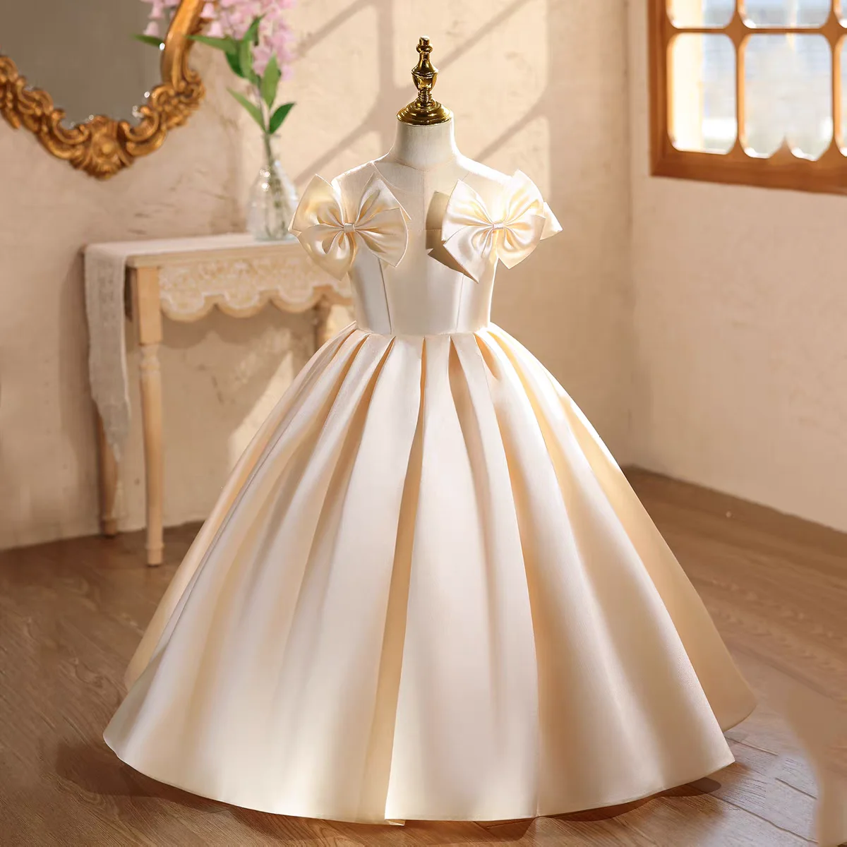 Vestido de niña de las flores Dreamy Vow D240 elegante de satén con gran lazo, vestido de princesa para niñas, para bodas, fiestas, cumpleaños, vestido de noche.
