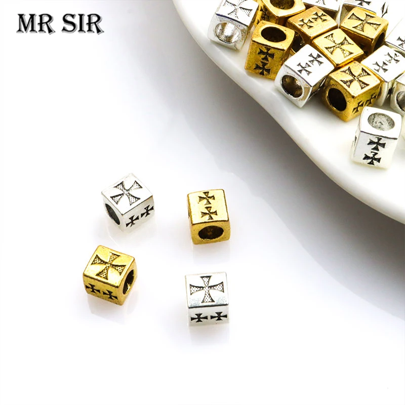 10pcs Cross Square Big Hole Spacer Beads Charms Antique Gold/Silver Color Loose Bead For Jewelry Making DIY Bracelets Necklaces