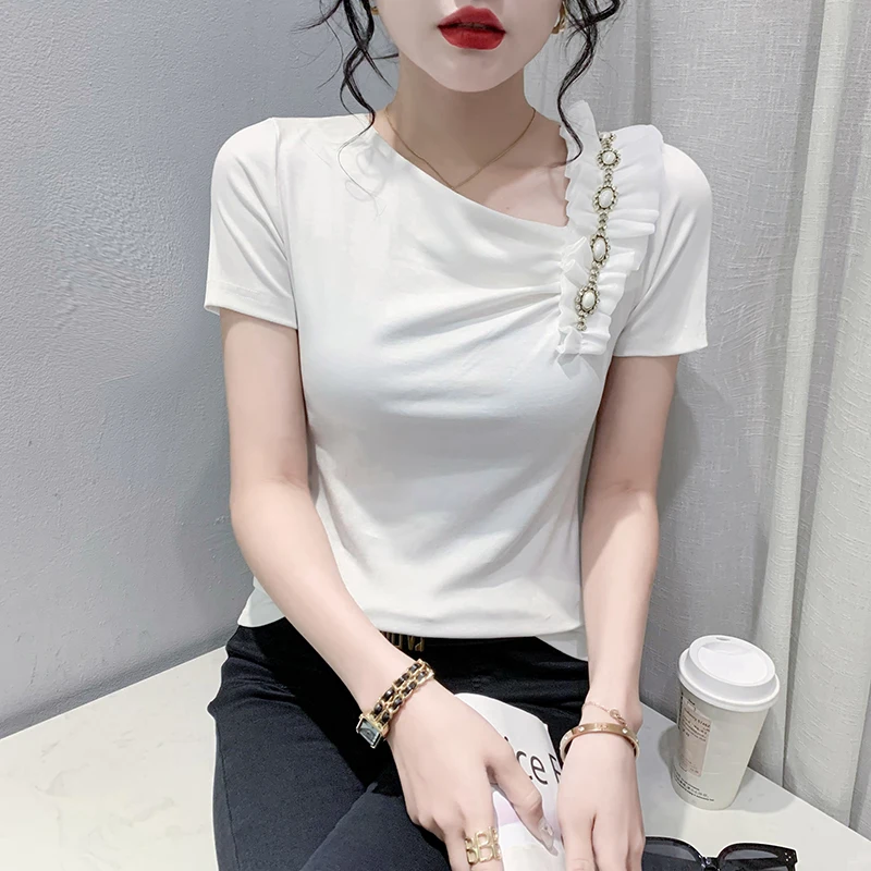 MadBlack-Women's European T-Shirt, Sexy Skew Collar Ruffles Diamond, Streetwear Short Sleeve Slim Tee, 2025 Summer New T52939CC