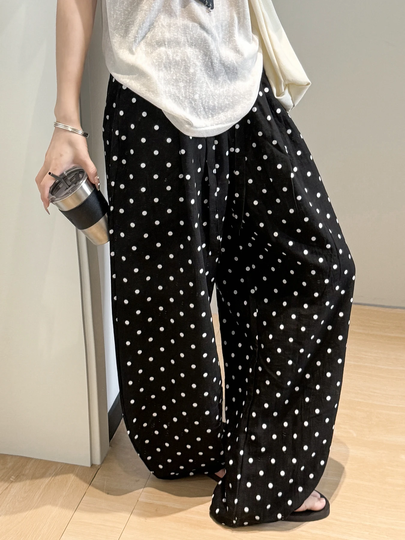 Pantaloni a gamba larga in lino a pois per l'estate da donna, pantaloni Yamamoto sottili a vita alta stile ampio e rilassato, casual dritto-l