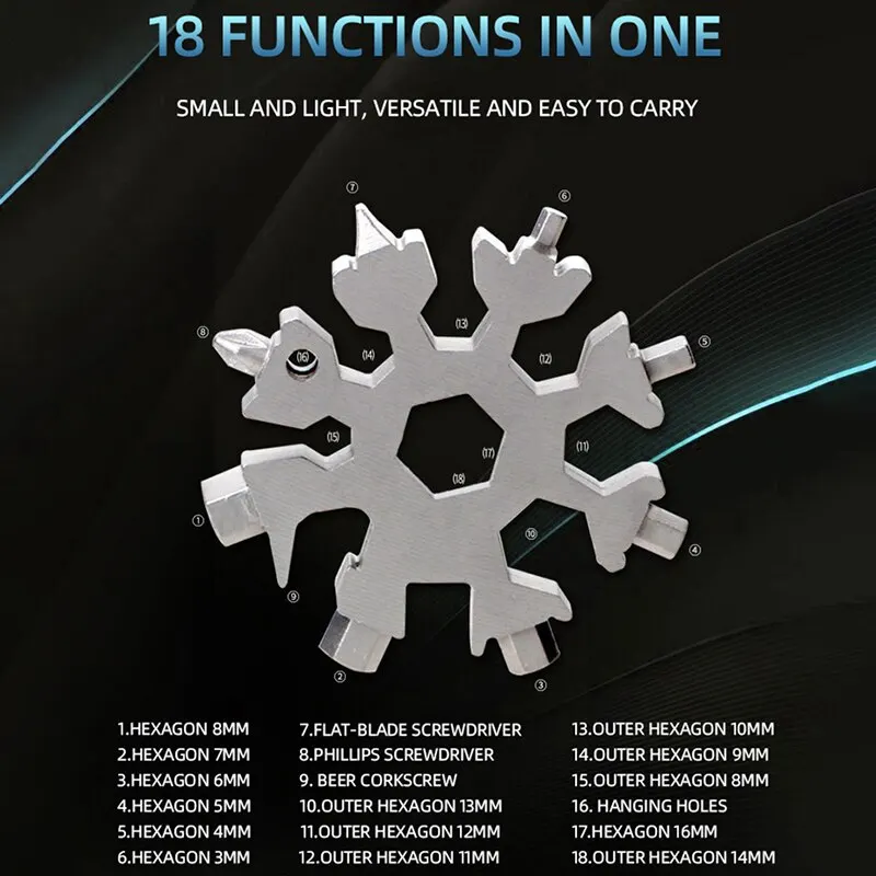 18 in 1 Snowflake MultiTool Stainless Steel Multifunctional Snowflake Tool Multipurpose Key Wrench