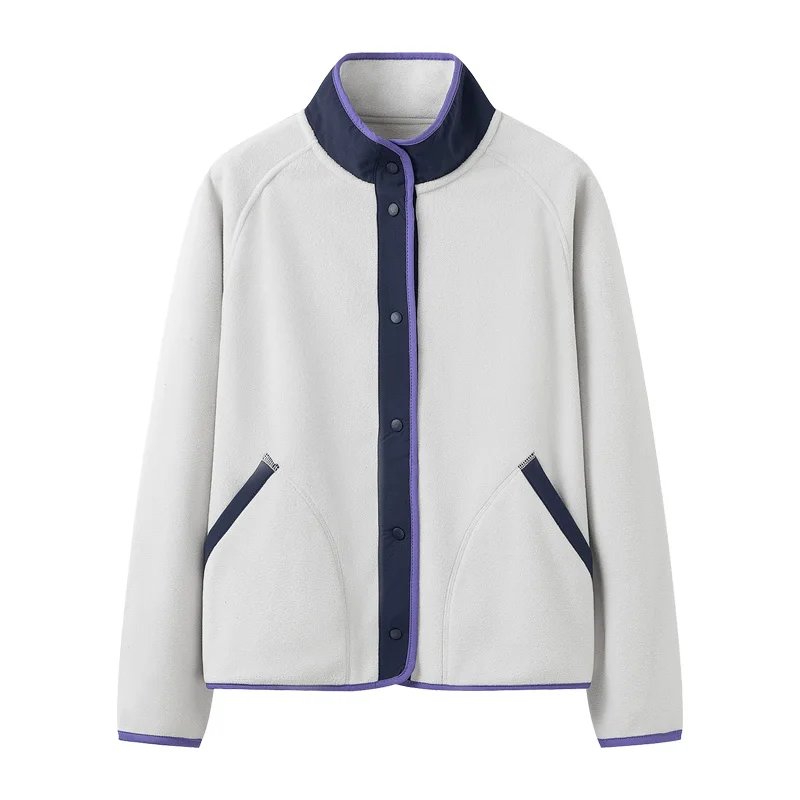 

Autumn New Warm Long Sleeved Fleece Jacket for Women Stand Up Collar Contrasting Color Outdoor Lightweight Loose Casual Coat