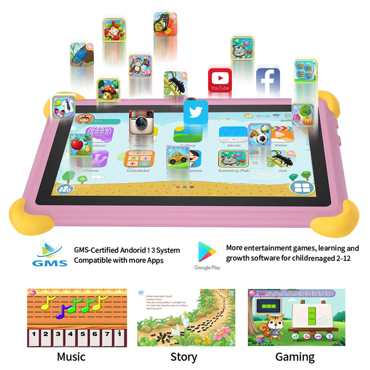 子供向けの漫画パターンのタブレット,保護ケース付き,5G,wifi,クアッドコア,4GB RAM, 64GB ROM, Android 13,7インチ,PC,新品,2020
