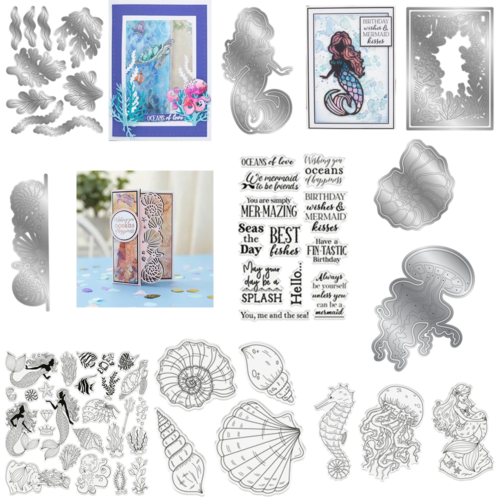 Enchanted Ocean Collection Stanzformen und Stempel, Meerjungfrau, Muschel, Oktopus, gestanzter Stempel für DIY Scrapbooking, Karten, Basteln, Neu