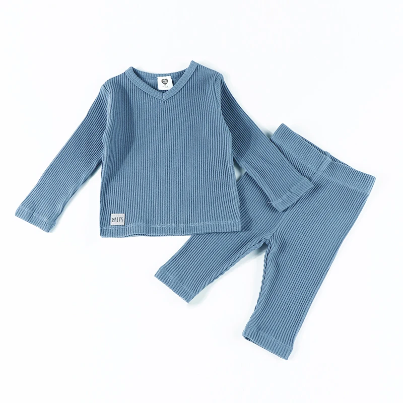 Unisex long sleeve set flexible and comfortable fabric children 2pcs set ribbed top and pants family clothes baby boy and girls