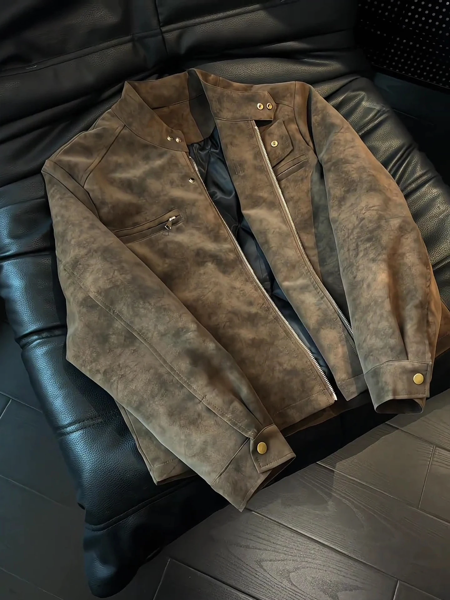 Jaket Pria Musim Dingin Thiened Cotton Flng, Mantel Kulit PU Retro Amerika, Jaket Berwarna dengan Dekorasi Logam, Resleting Panjang...