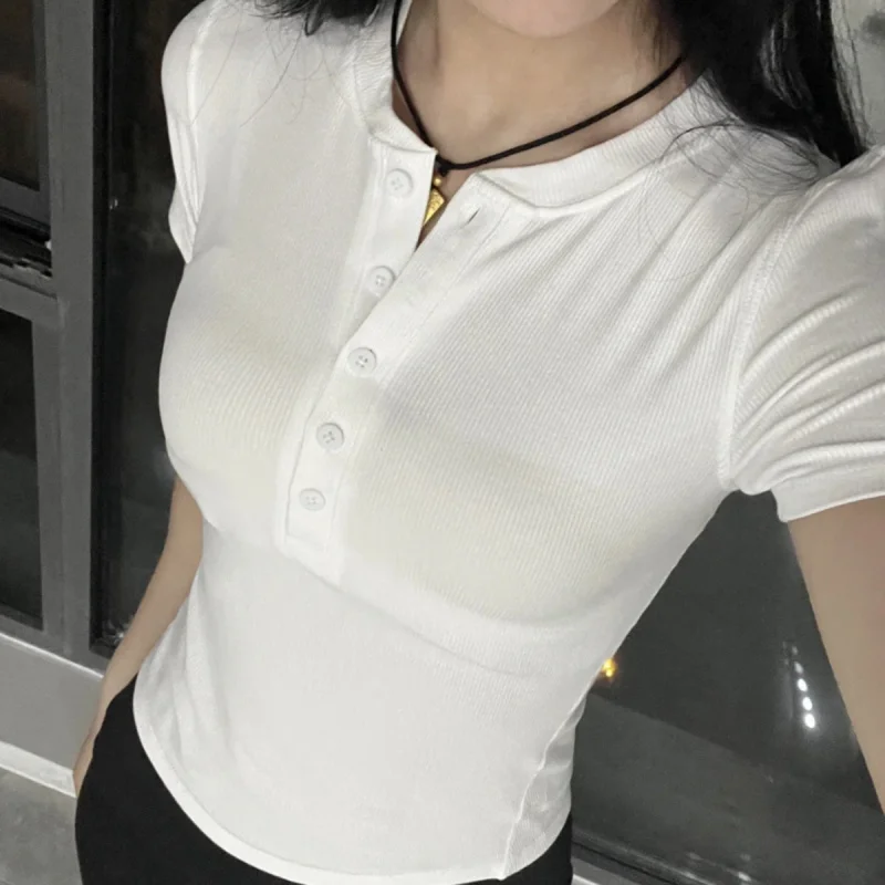 

Женская обтягивающая рифленая хенли с коротким рукавом, топ для йоги, облегающий, с пуговицами спереди, укороченная вязаная рубашка, мягкая эластичная спортивная одежда