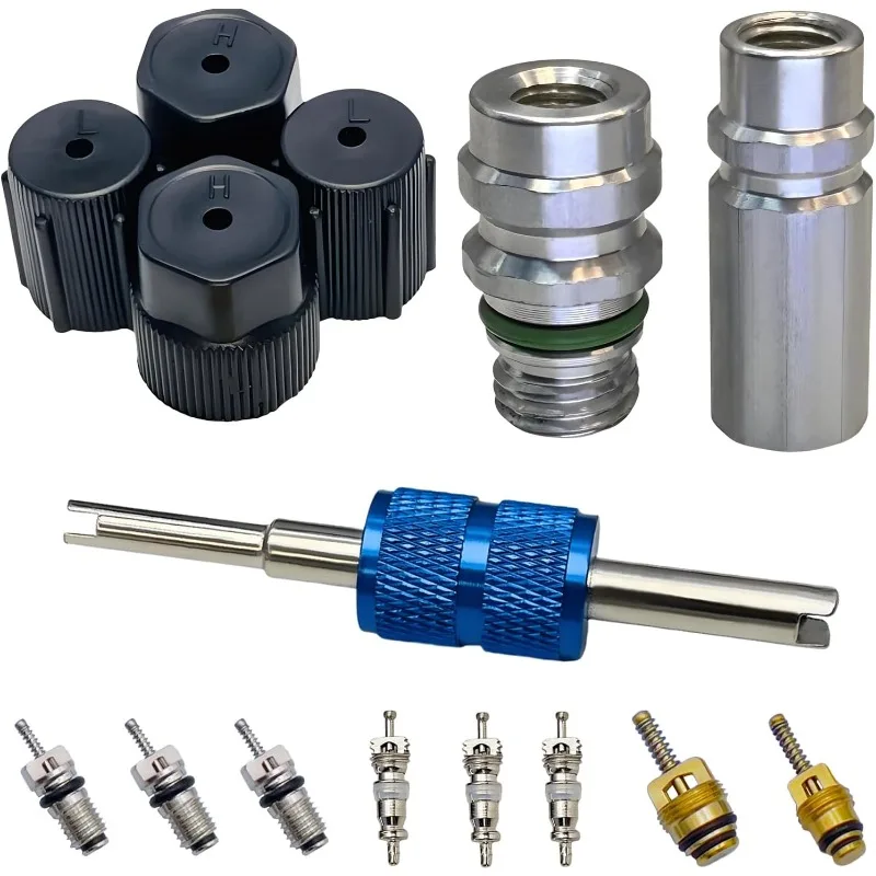 R12 to R134a AC Retrofit Adapter Kit with Valve Core Remover Tool High Low Side Port Conversion Repair Set
