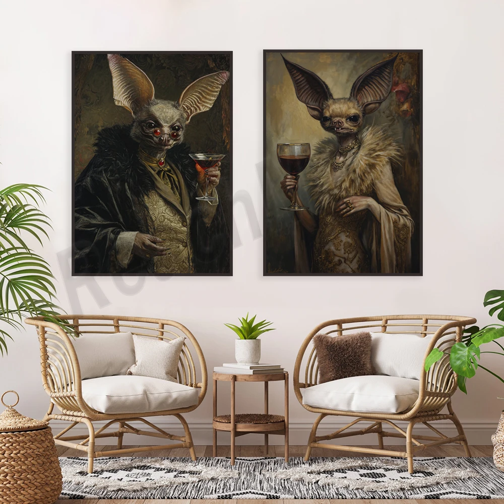 Gothic bat art, martini print, retro baroque renaissance vampire decoration, dark academic oil painting, gothic poster