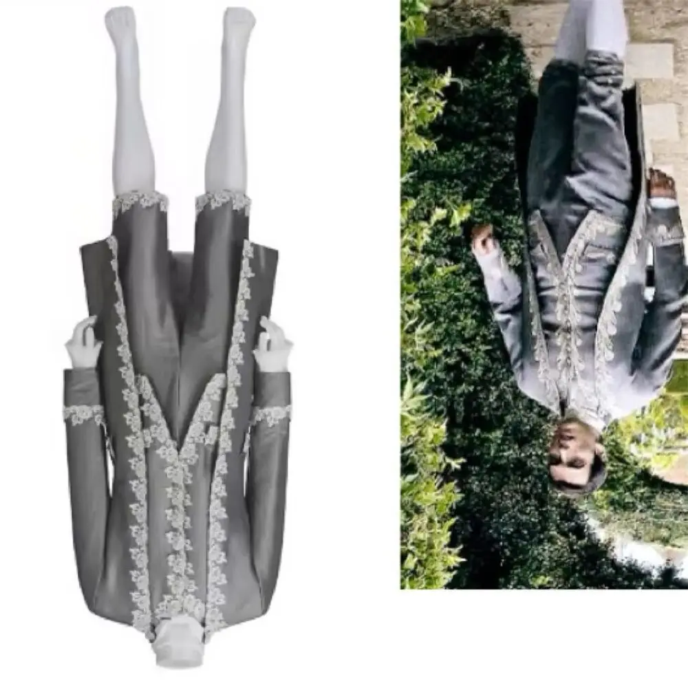 

Medieval King George Cosplay Costume Grey British Elegant Mens Suit Full Set Halloween Carnival Party Outfits