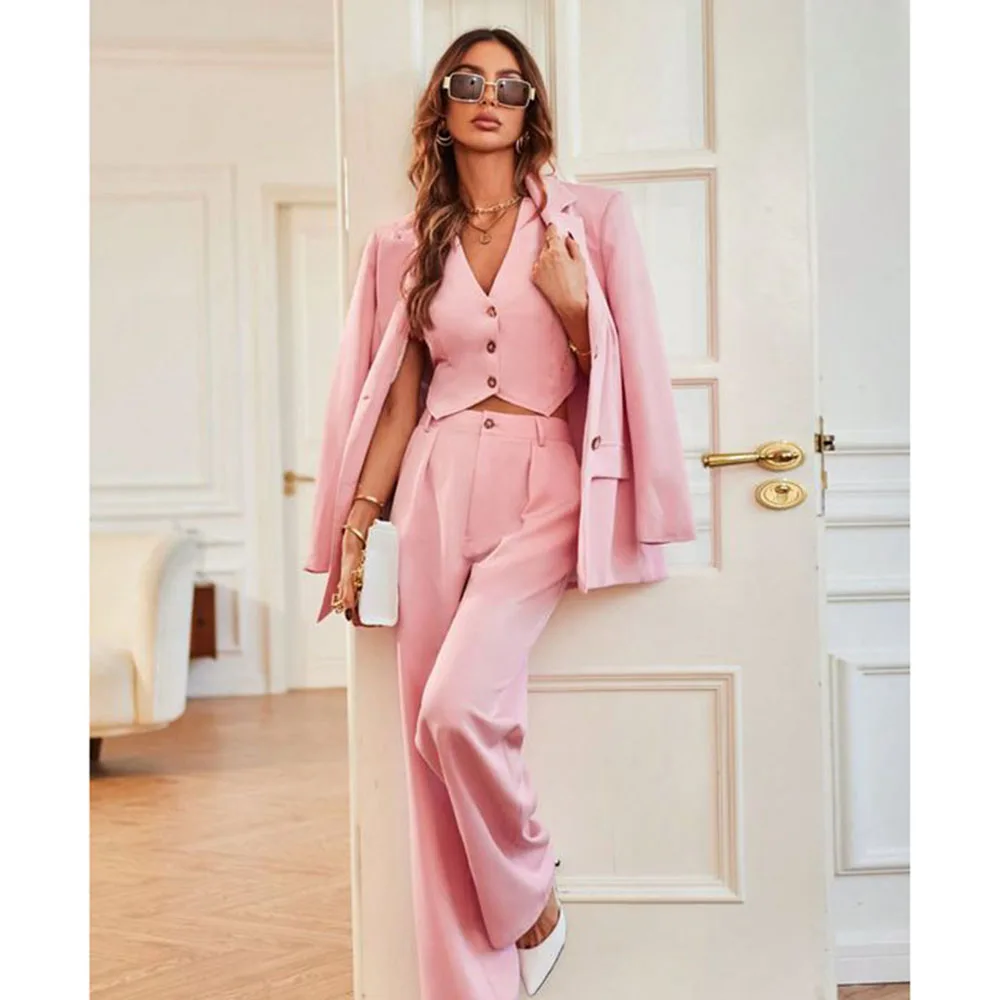 Pretty New in Pink Suits for Women 3 Pieces Jacket Pants Vest Single Breasted Female Clothing Slim Fit Banquet Lady's Costume