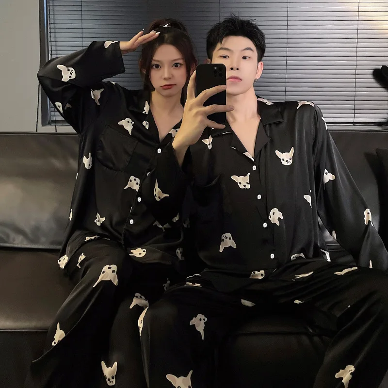 New Couples Pajamas Men Fall Ice Silk Long-sleeved High Quality Home Wear Ms. Loose Comfortable Pajamas Set Can Be Worn Outside