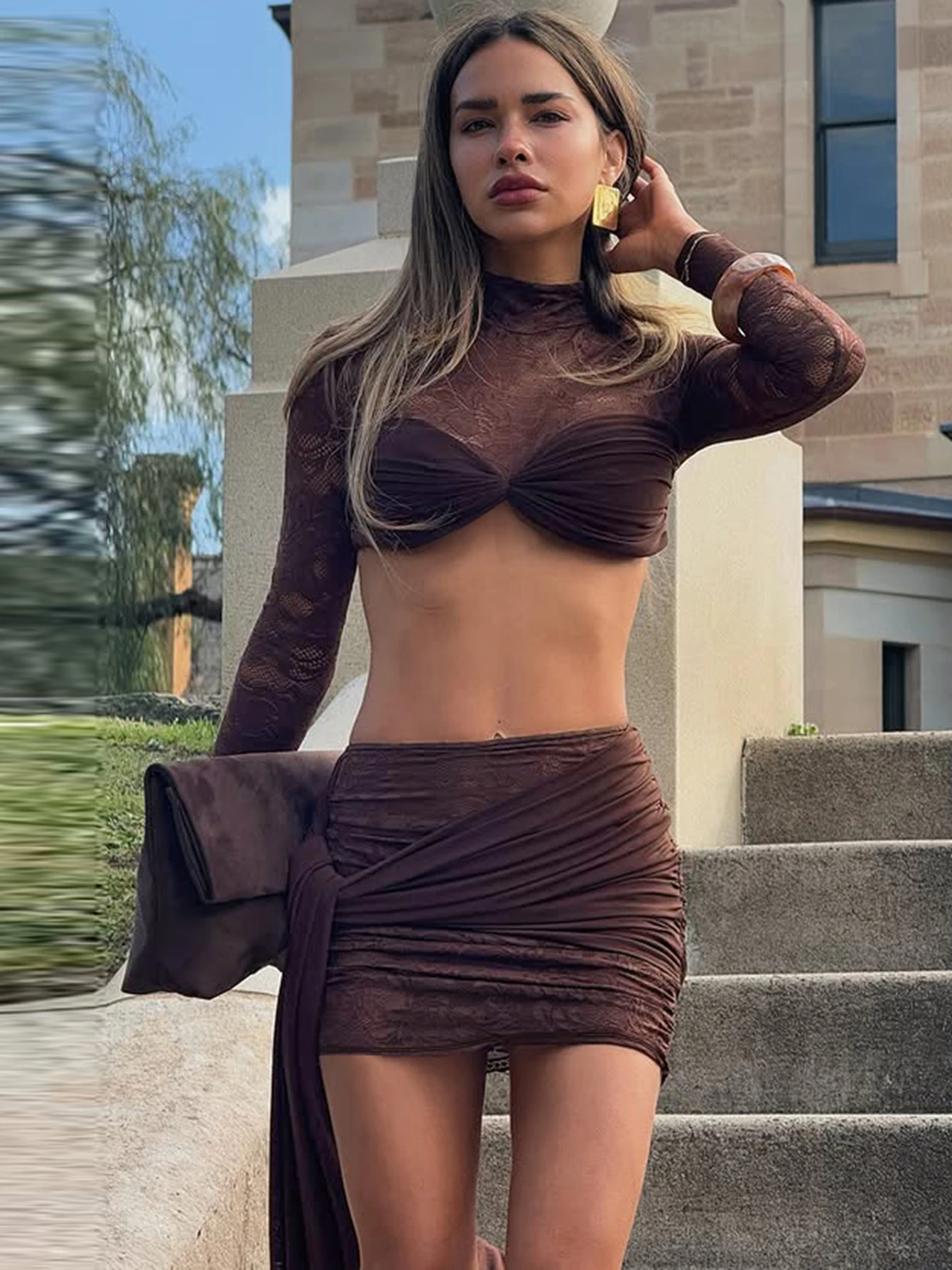 Dulzura Fashion Sexy Elegant 2 Piece Lace Short Skirt Set High Collar Long Sleeve See Through T-Shirt Ribbon Skirt Matching Set