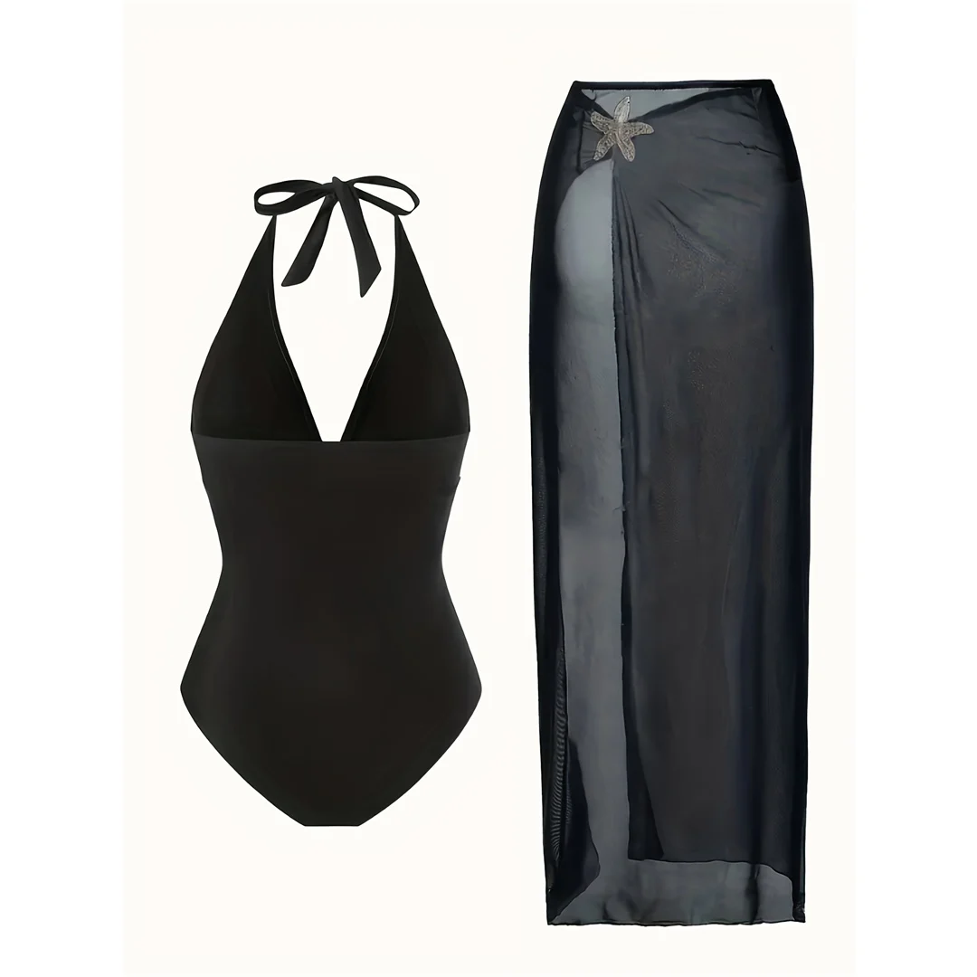 S - XL Neu mit Rock, tiefer V-Ausschnitt, Neckholder, einteiliger Badeanzug, Damen-Bademode, gepolsterter Badeanzug mit Seestern-Motiv, Badeanzug, Schwimmanzug V7977 – Detail 3