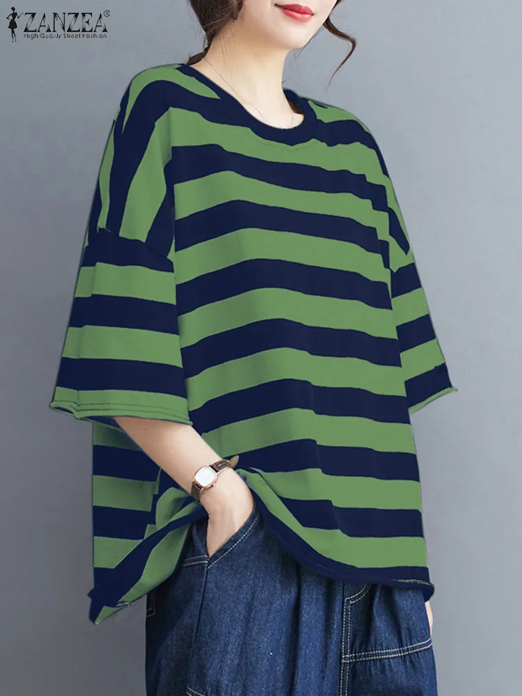 

ZANZEA Casual Oversized Stripes Blouse 2024 Summer Women Dropped Shoulder Tops Fashion Colorblock T-shirts Holiday Loose Tunics