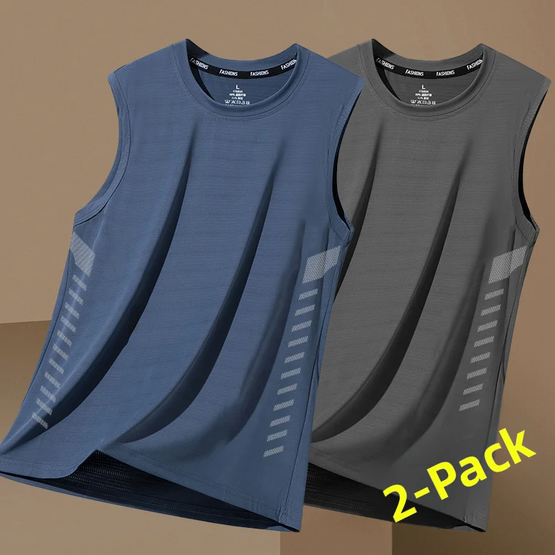 شحن سريع - سترة رجالية من الحرير الجليدي، تصميم عصري برقبة مستديرة، شبكة قابلة للتنفس، تجفيف سريع، بدون أكمام، كتف عريض، مثال...