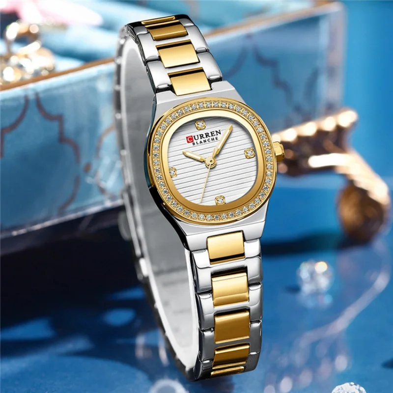 CURREN 9101 Stylish Diamond-studded Ladies' Quartz Watch, Waterproof Square Stainless Steel Strap Wristwatch