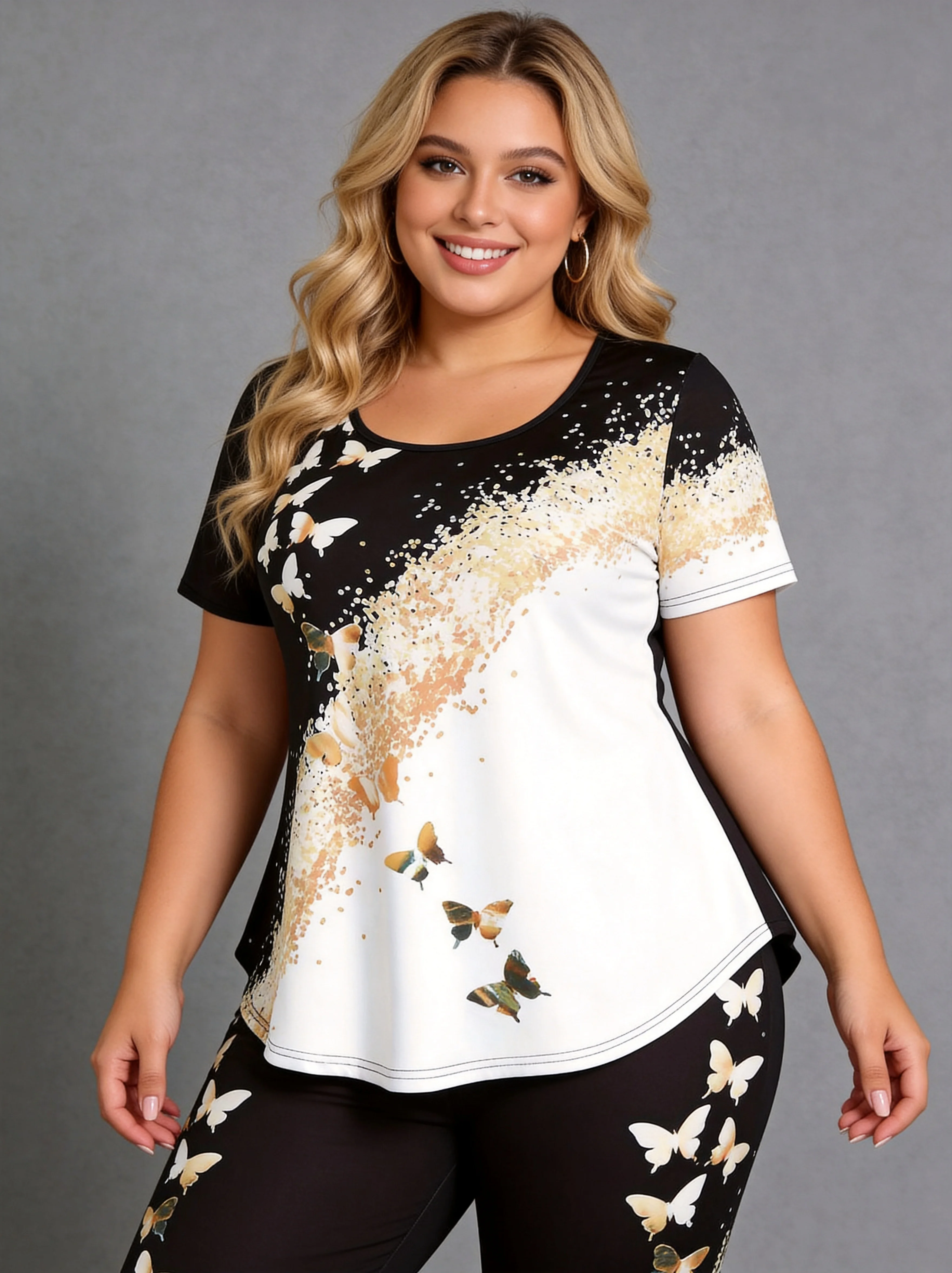 2026 New Butterfly Print Two-Piece Set plus Size Top And Seven-Length Pants Ultra Soft Casual Outfit