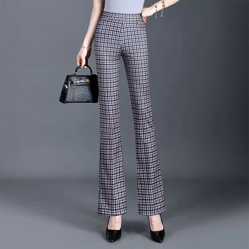Grid Printed Slightly Flared Pants Summer Fashion Versatile 2025 New Slim-fit Stretch Women's Trousers