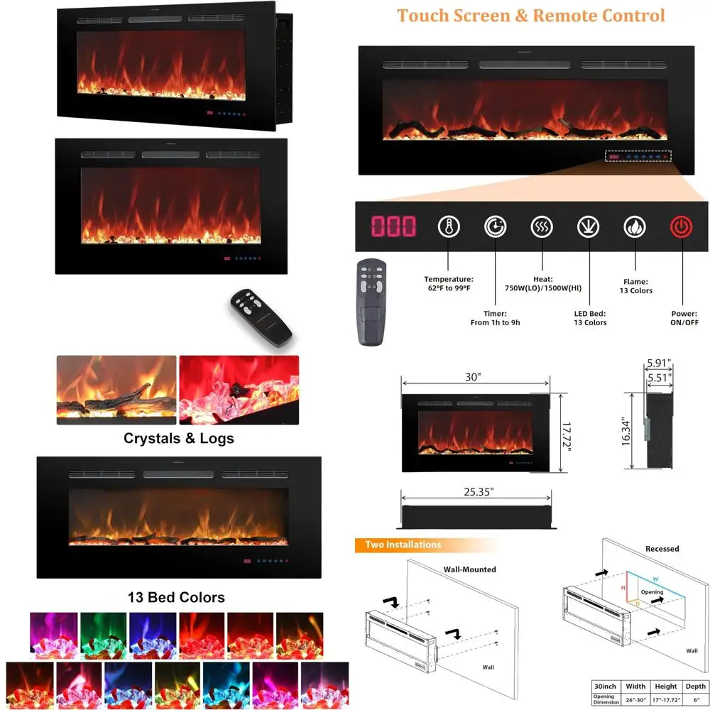 

30 Inch Wide Electric Wall-Mounted Fireplace Insert with 13 Flame Effects and Low Noise Heater