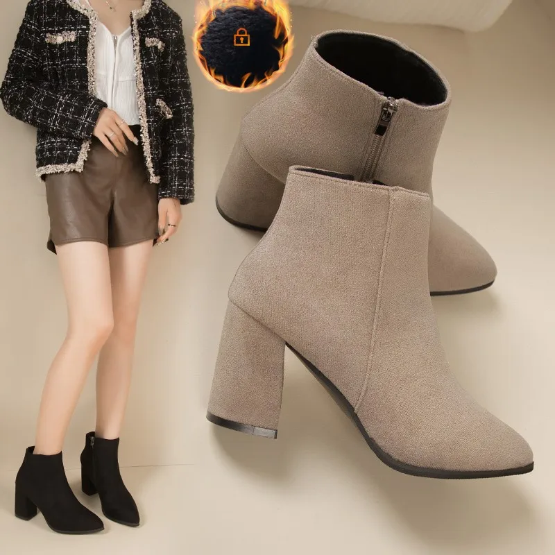 Suede Thick Heel Women's Boots 2024 New Round Head Side Zipper Fashion Casual Mid Heel Short Leg Fashion Boots Women's Boots image 4