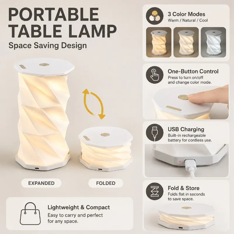 Japanese Foldable Night Light 3 Color Dimmable Origami Lantern ABS Rotating Lamp for Bedroom Gift Portable Camping Night Light