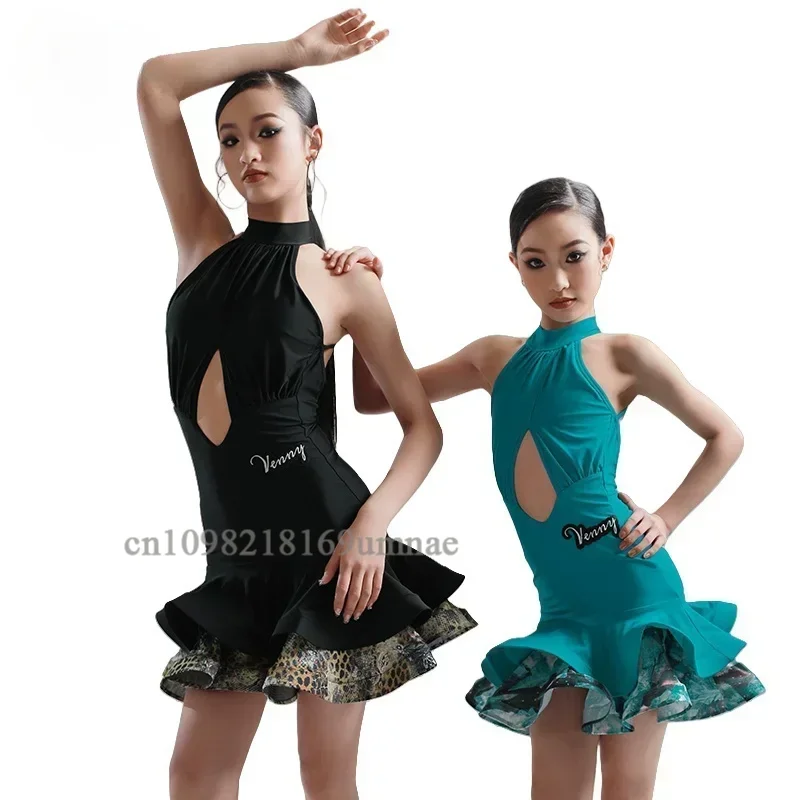 

Женское черное платье для латинских танцев, платье на бретельках для девочек, двойная юбка, платье для танцевальной практики, костюм для сценического танца, комплект