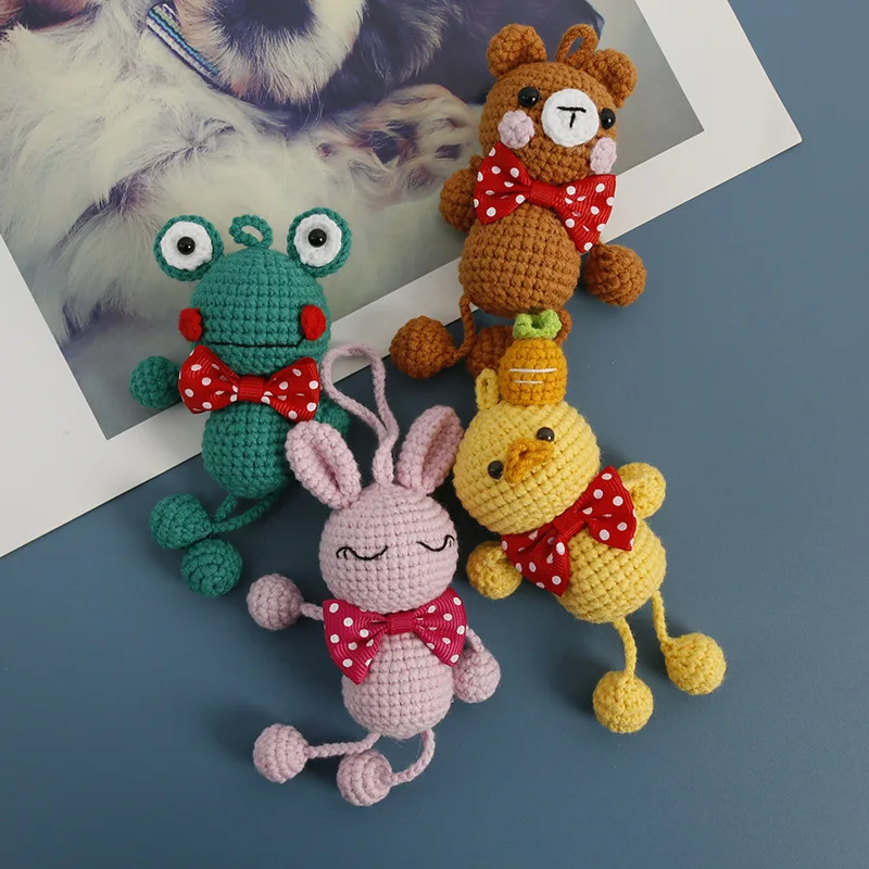 Handmade Crochet Swing Leg Animal Keychain, Frog Bear Bunny Duck with Polka Dot Bow Tie Amigurumi Bag Pendant Gift