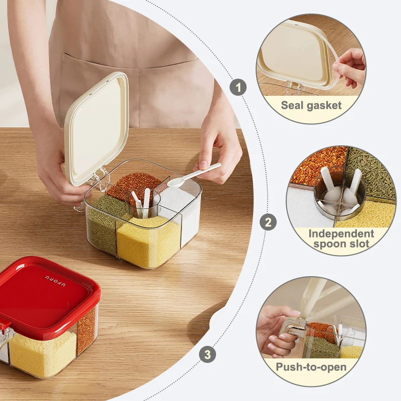 UFORU Airtight Divided Spice Box Large Capacity Independent Spoon Slots Practical Condiment Organizer for Kitchen Pantry
