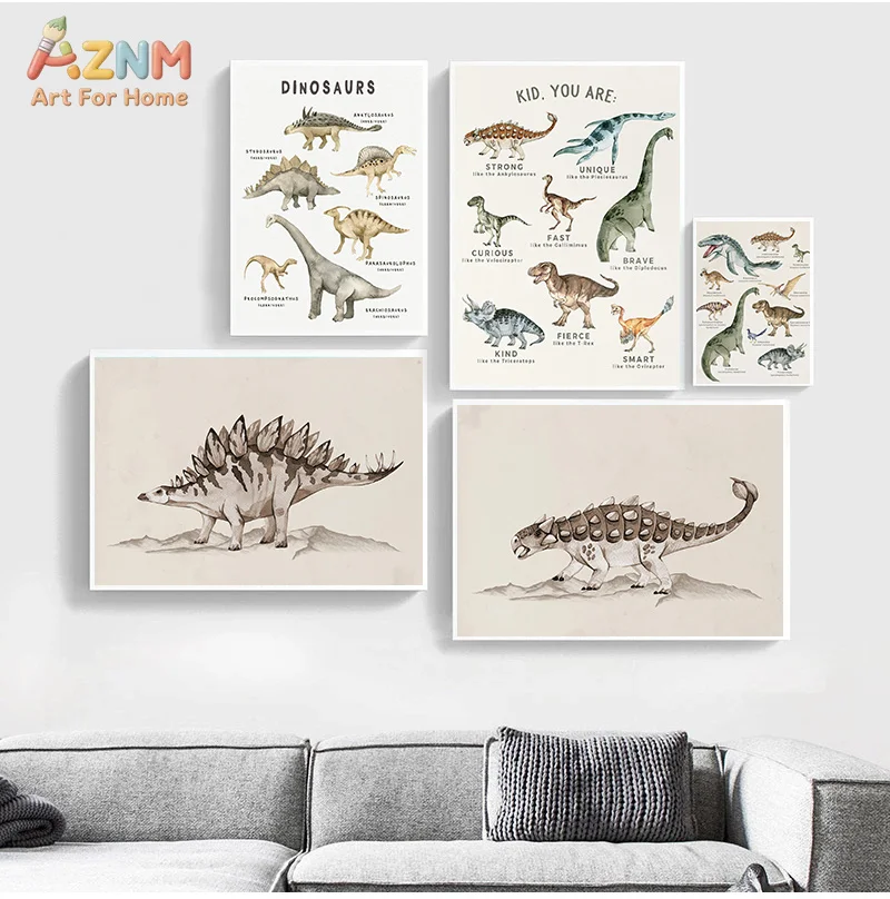 AZNM Watercolor Vintage Dinosaur Canvas Wall Art Dinosaur Species Chart Inspirational Positive Words Prehistoric Animal Print Ne
