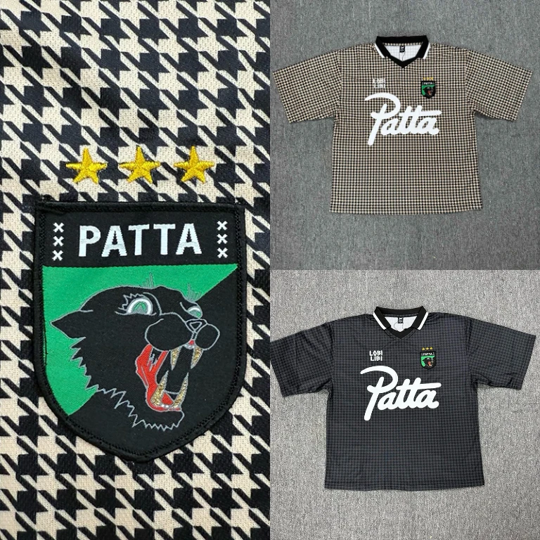 New PATTA Men T-Shirt, Black White Spliced Collar Dark Grid Multi Element Print Breathable Loose Drop Shoulder Jersey Tee Top