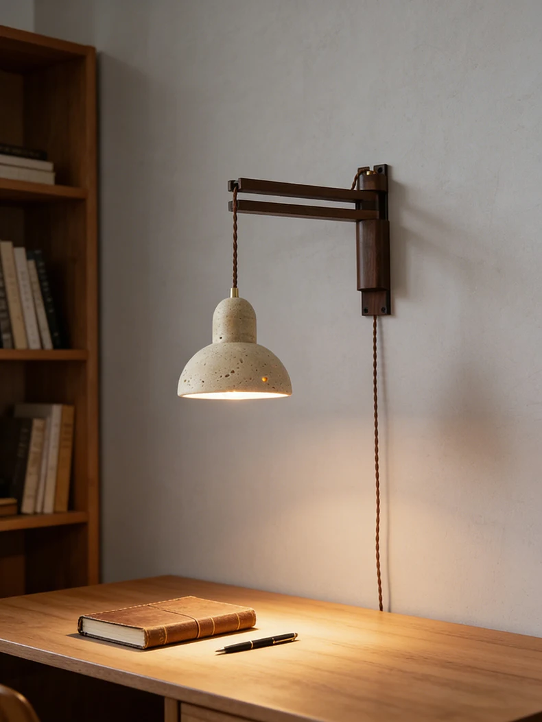 Natural Stone Wall Lamp Wooden Pole Can Rotate Light Reading