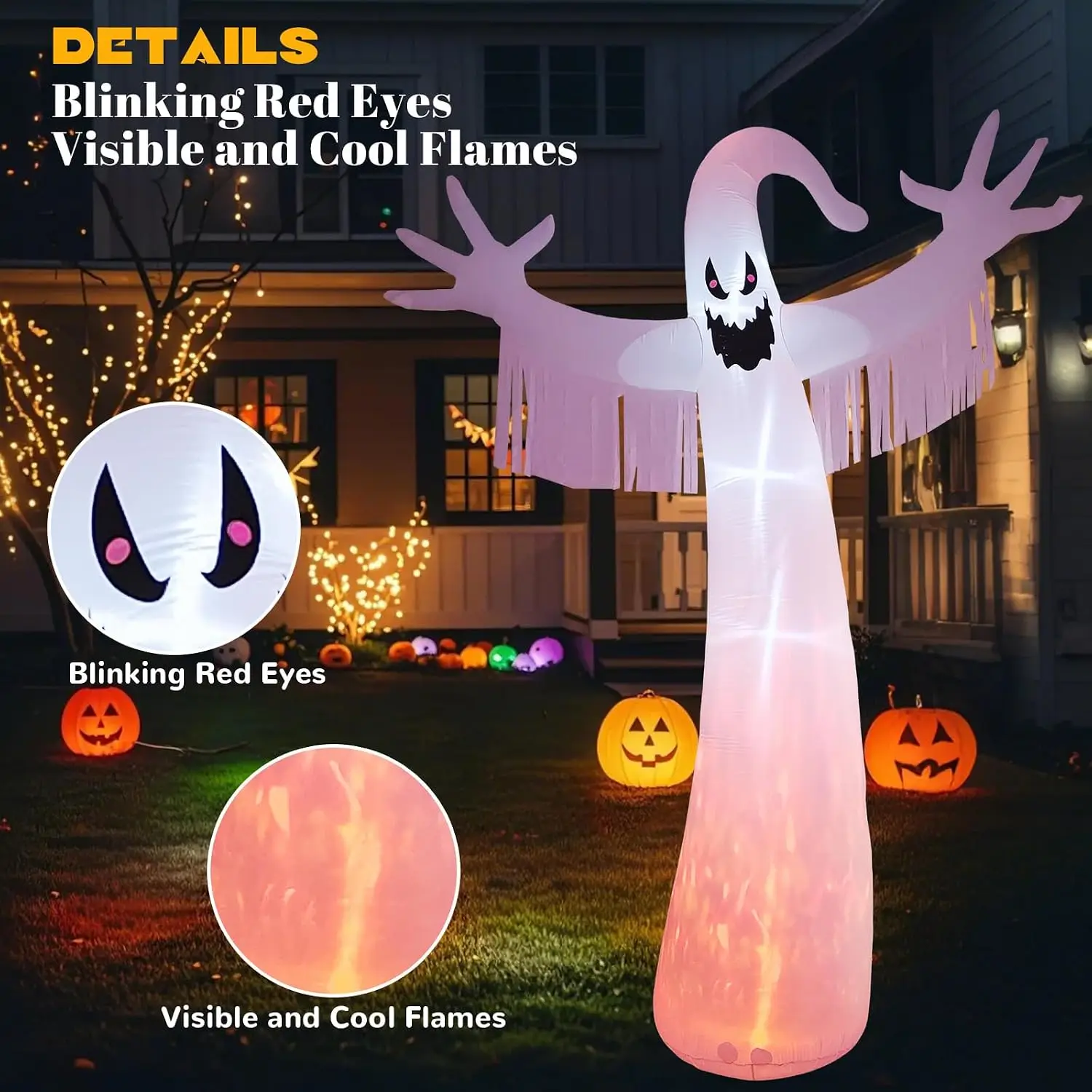 Halloween Ghost Inflatable Yard Fire Flame Blinking Red Eyes Blow Up Lawn Holiday Party