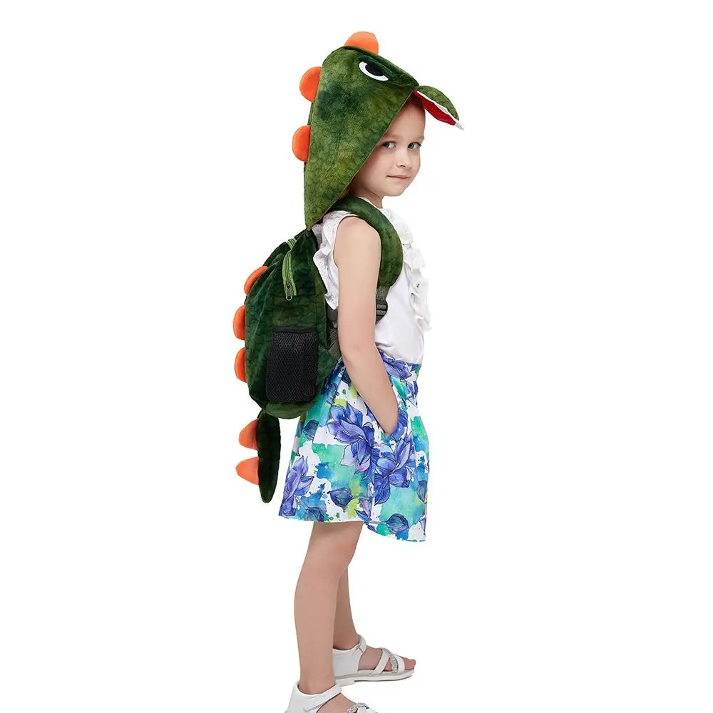 Sombrero desmontable, mochila de dinosaurio de dibujos animados, bolso de hombro bonito de dinosaurio con sombrero con capucha, bolso creativo de felpa para guardería al aire libre