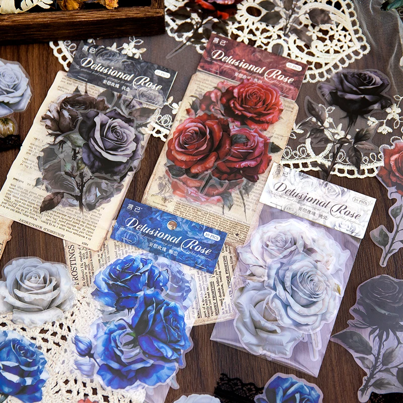 Yoofun 10pcs/lot Aesthetic Scrapbooking Stickers Delusional Rose Journaling Planner Decorative Craft Stationery Sticker