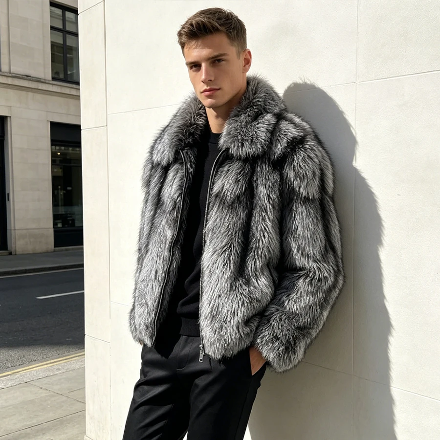Men's Full Skin Fox Fur Zippered Bomber Jacket Real Silver Fox Fur Coat With Collar Short Fur Coat High Quality Natural Fur Coat