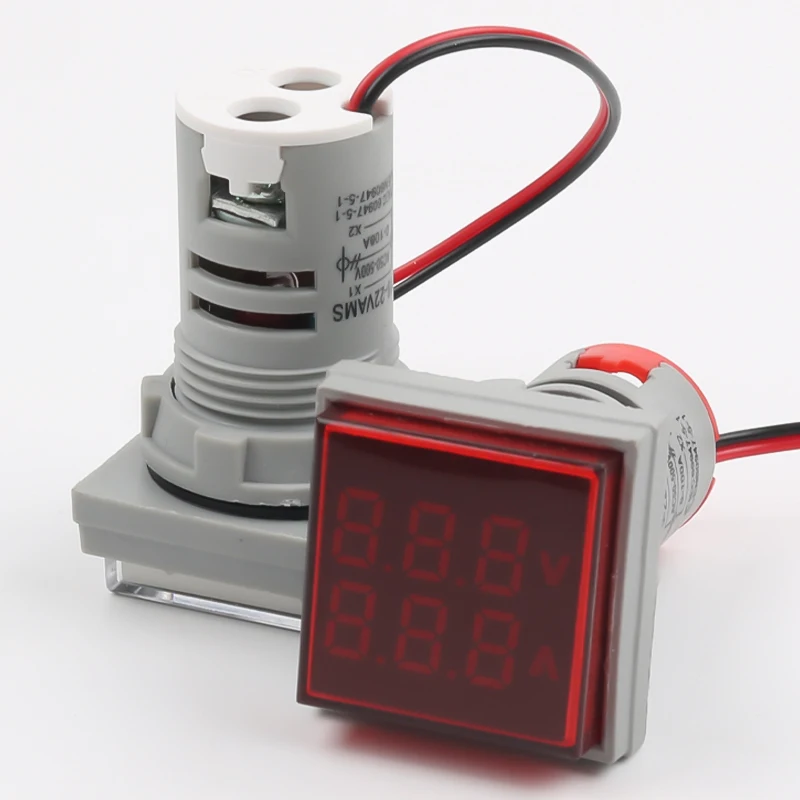 AD16-22VAMS LED AC voltage ammeter 50-500V 0-100A square dual display indicator light Digital display light Red yellow blue