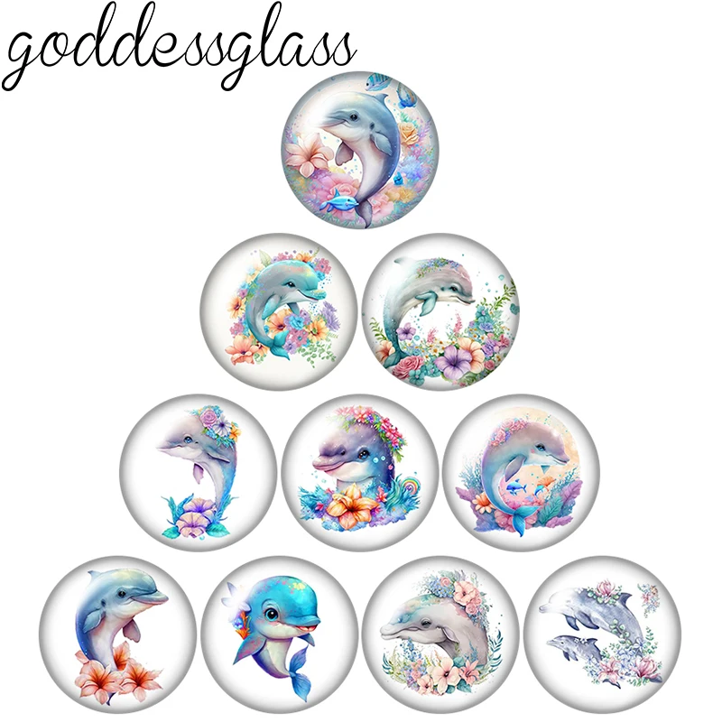 Cartoon dolphin Sea Animals flowers 10pcs 12mm/18mm/20mm/25mm Round photo glass cabochon flat back Necklace Making findings