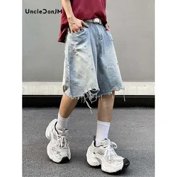 Hot Drilling Holes Burr Jorts Mens Summer Loose Ripped Denim Shorts