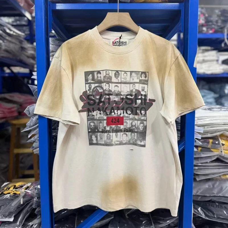 High Street Summer Crew Neck Gradient Cotton Loose-Fit Hip-Hop Satoshi Nakamoto Poster Short-Sleeve T-Shirt