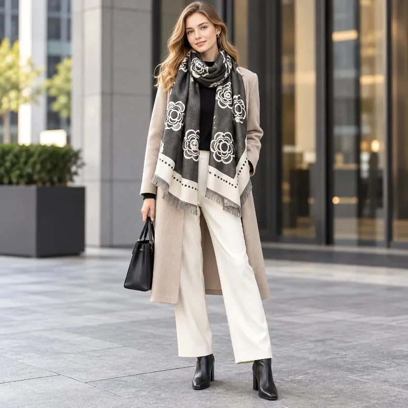 Women Camellia Flower Print Scarf Double Sided Imitation Cashmere Fringe Edge Large Soft Warm Shawl Wrap For Autumn Winter
