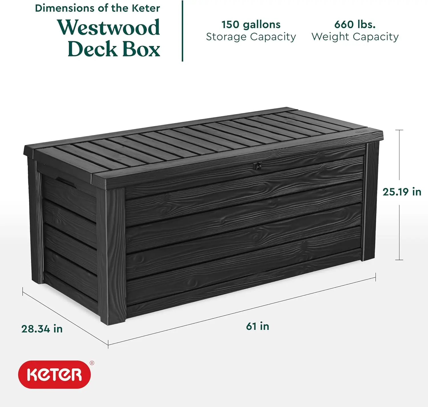 Outdoor Storage Deck Box, 150 Gallon Resin Patio Bin & Bench, Solid, Dark Grey