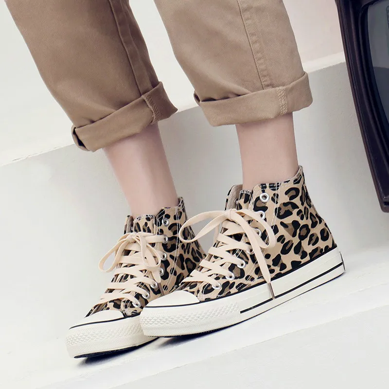 Leopard Canvas Shoes Women Flat Platform Sneakers  Casual  Woman High Top Tenis obuwie sportowe damskie markowe chaussure