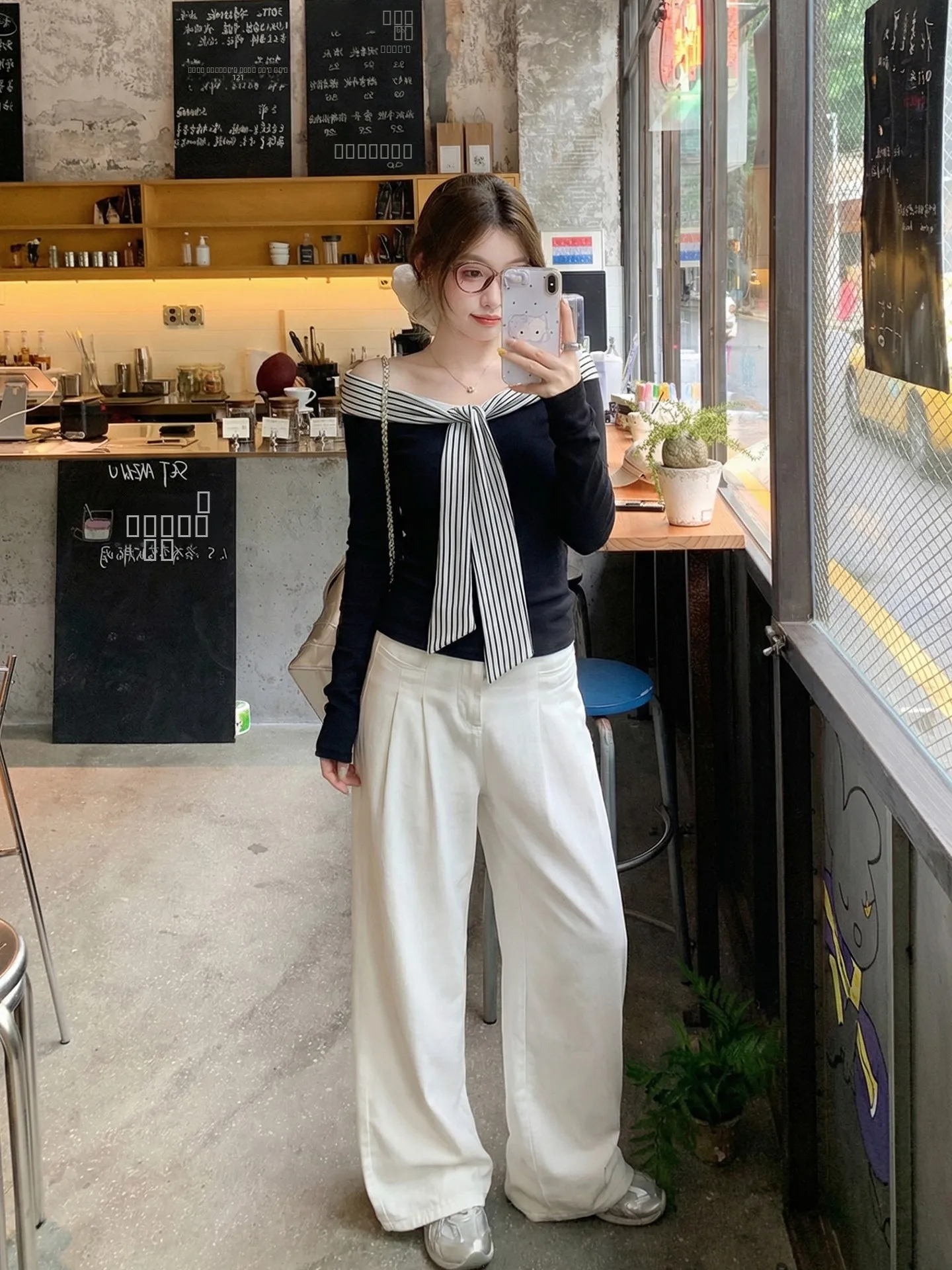 

Zeng Xiao Salt Korean Sle Long Sve One oulder T-irt Women's Slimming Belted Top Spring Autumn Seasonal Faion Ladie...