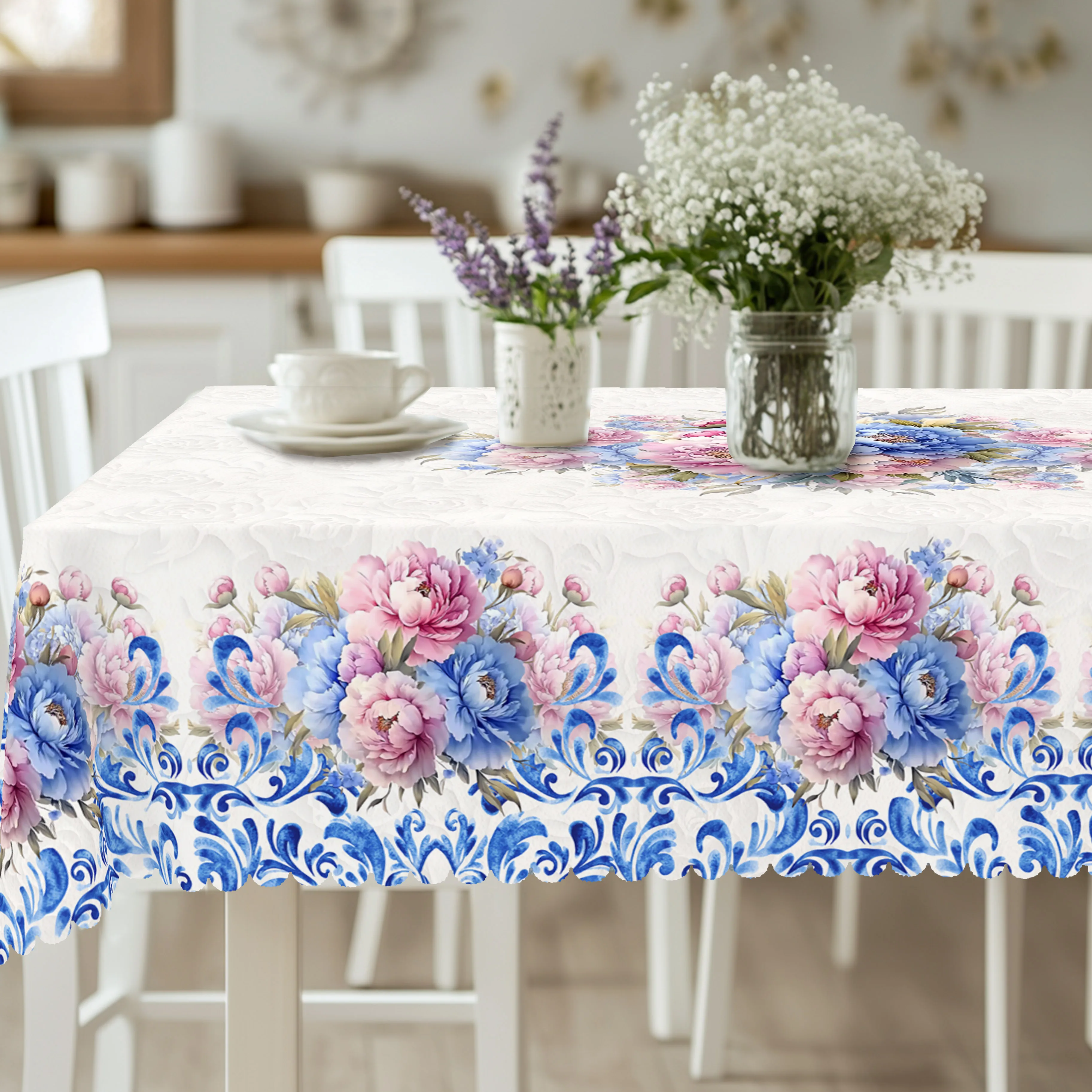1 Piece Floral Round Tablecloth, Available in 5 Sizes, Blue Porcelain Pattern Floral Print Tablecloth, with Embossed Edges, Spring Garden Tablecloth Decoration, Suitable for Everyday Use in Home Kitchens, Patio Tablecloths, Spring Decoration, Home Decor