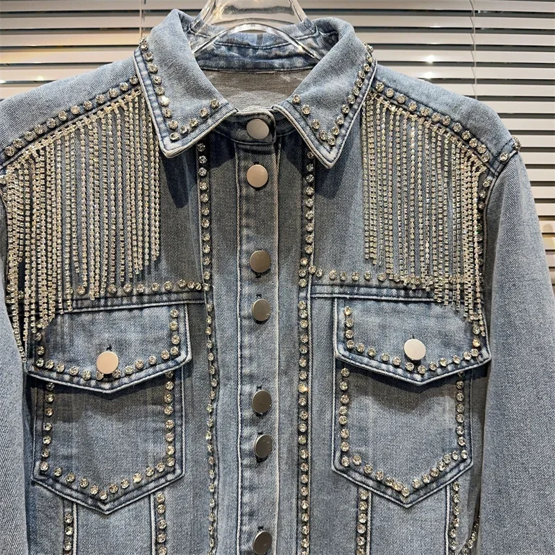 

Spring New Women Heavy Work Diamond Chain Tassel Thin Denim Jacket Lapel Long Sleeve Irregular Hem Slim Short Jeans Jacket Coat